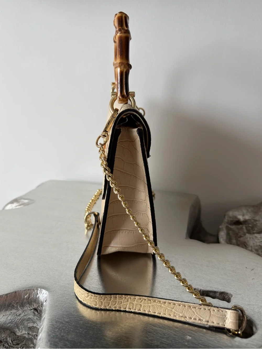 Leather Croc-Embossed Top-Handle Bag w/ Bamboo Accent | Made in Italy | Neutral